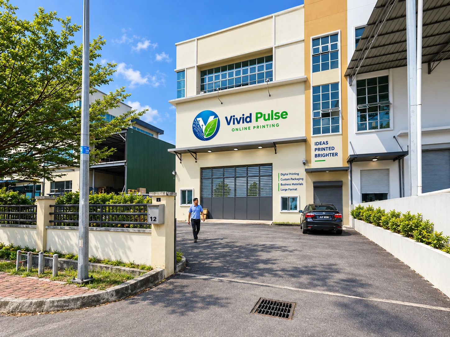 带有 Vivid Pulse 公司标识的厂房建筑及入口。
