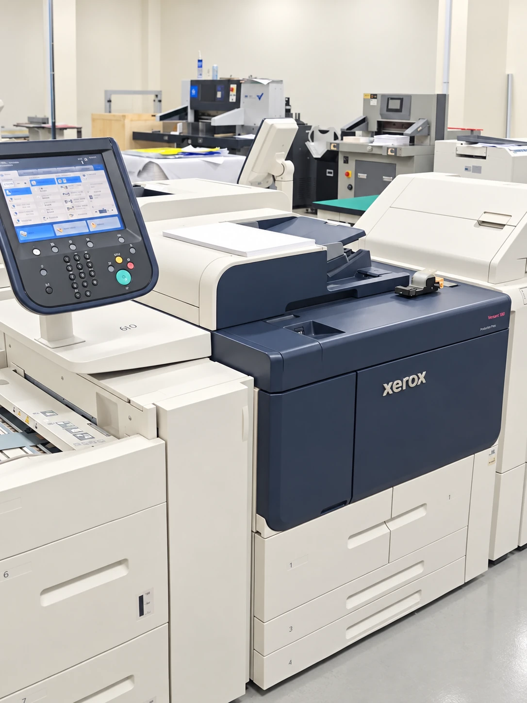 配有控制面板与纸张输送单元的 Xerox 生产型印刷设备。
