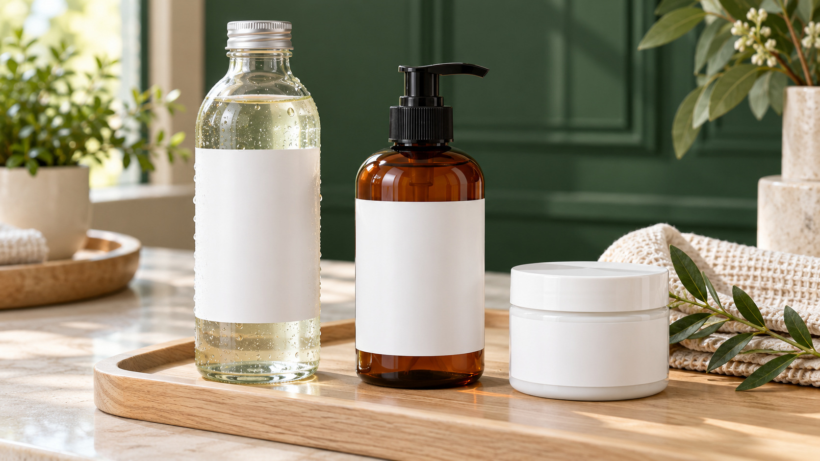 Label putih kosong pada botol dan bekas penjagaan diri menunjukkan kedudukan label serta ruang susun atur.
