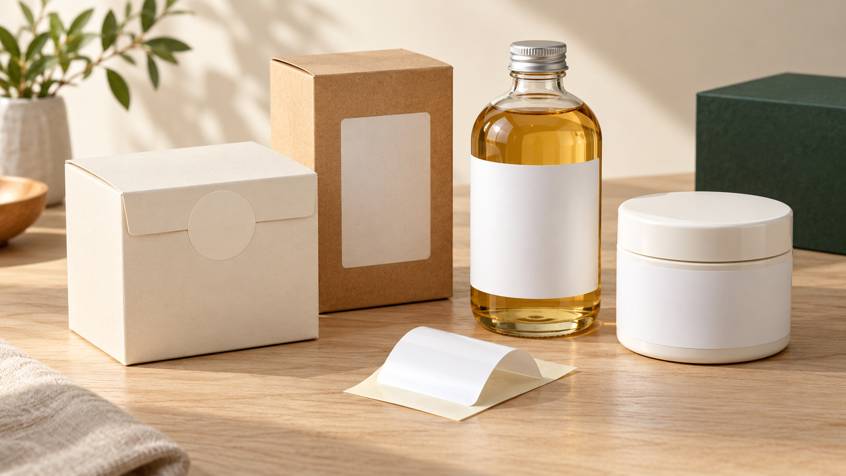 Sampel label kertas bersalut dan label botol PP diletakkan bersama di atas meja pemilihan bahan.