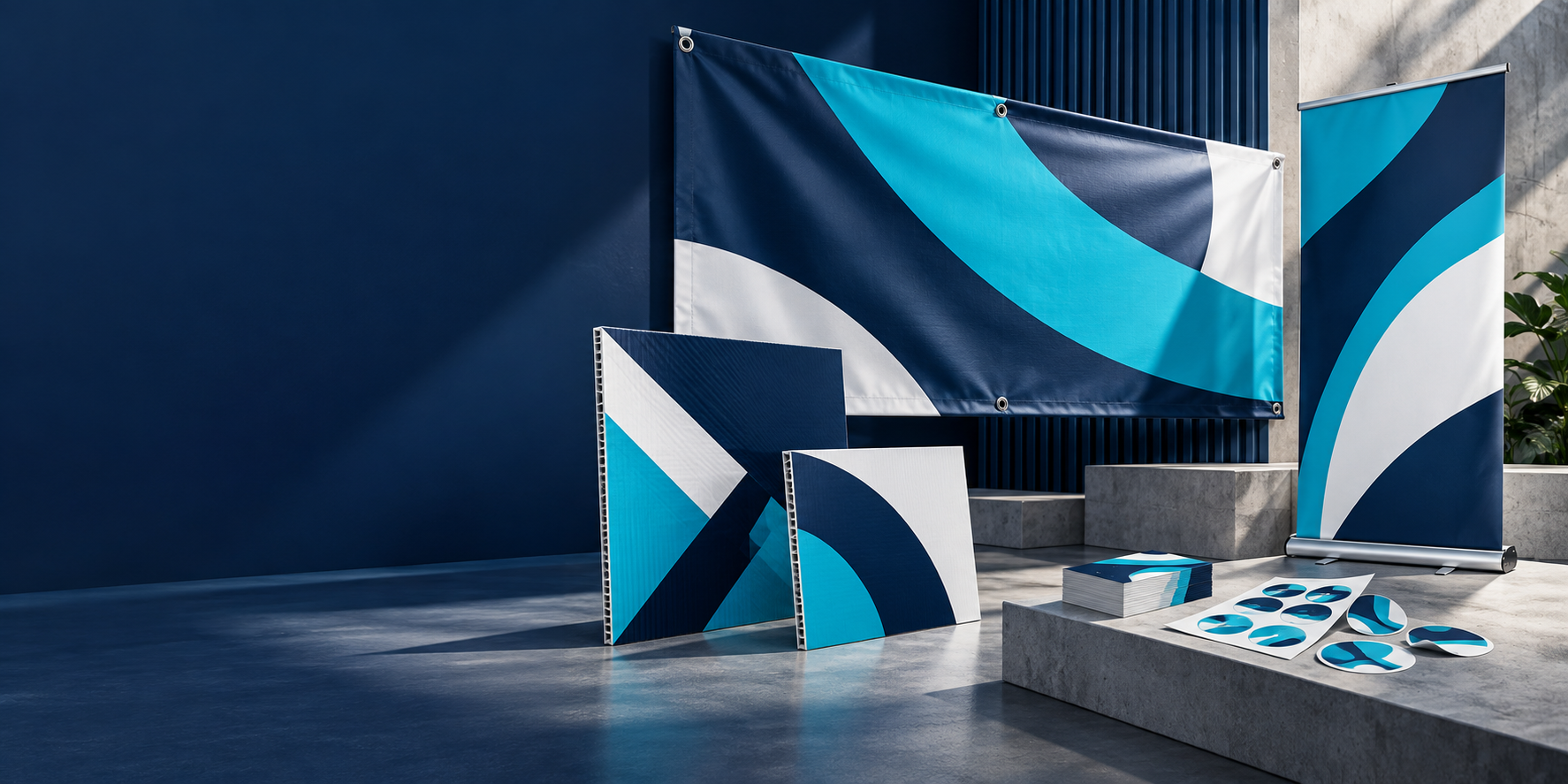 Navy and light teal banners, printed boards, stickers and business cards