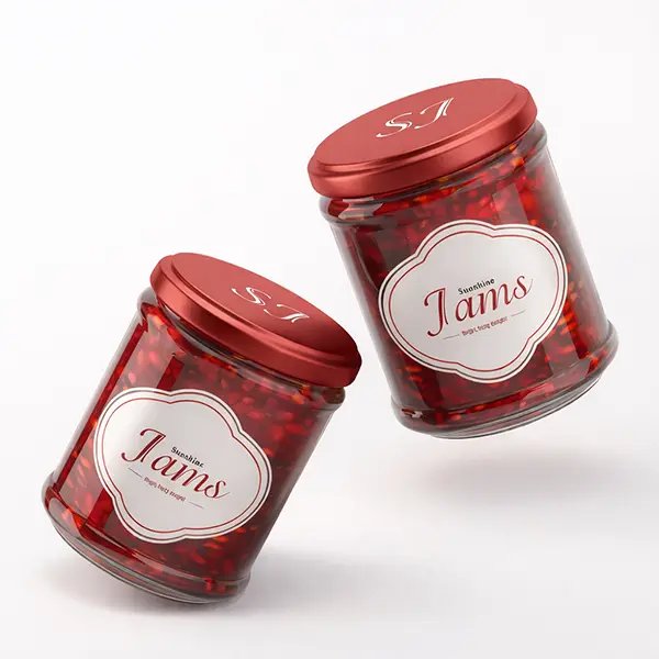 Custom die-cut jar labels for jam bottles and food packaging with premium print quality and attractive branding finish.