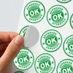 Round approved stickers for product verification, inspection & warranty branding. Premium print with durable adhesive finish.