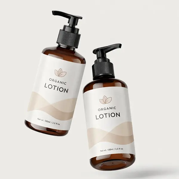 Custom cosmetic bottle labels for skincare, organic lotion & beauty product packaging with waterproof durability.