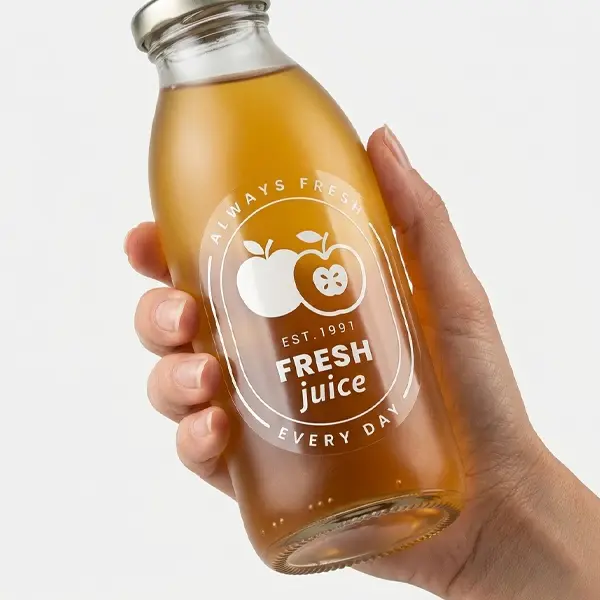 Premium white ink transparent labels for glass bottles, jars & luxury packaging with vibrant professional printing.