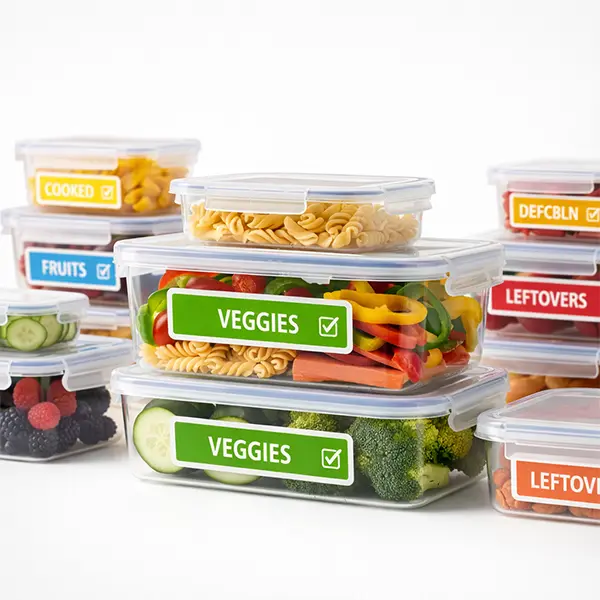 Fresh food and vegetable container stickers with vibrant print quality. Ideal for grocery packaging & food storage branding.