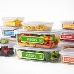 Fresh food and vegetable container stickers with vibrant print quality. Ideal for grocery packaging & food storage branding.