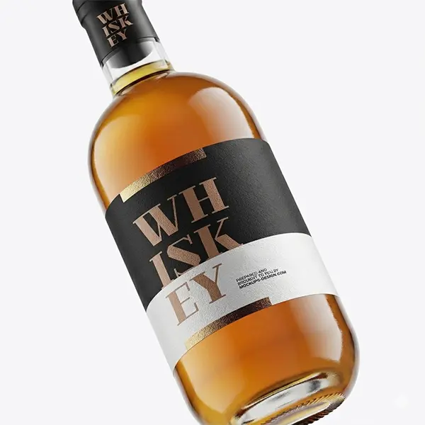 Luxury bottle stickers for whisky, wine & beverage packaging with premium finishes and sophisticated branding appearance.