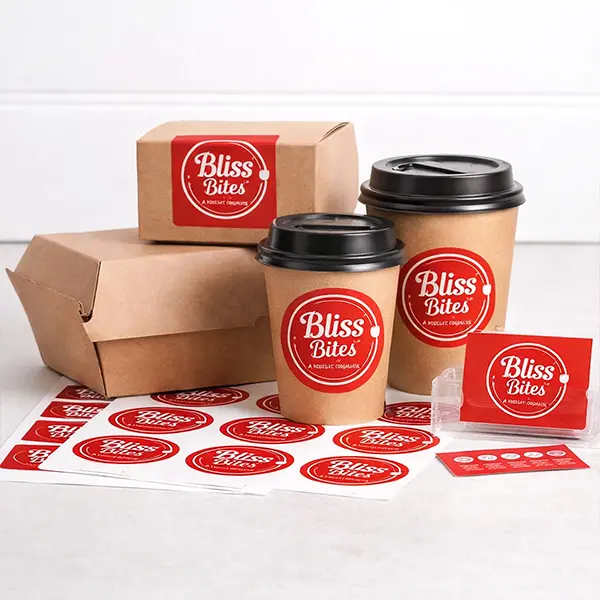 Custom round labels for snack jars, takeaway containers & bakery packaging with elegant branding finish.
