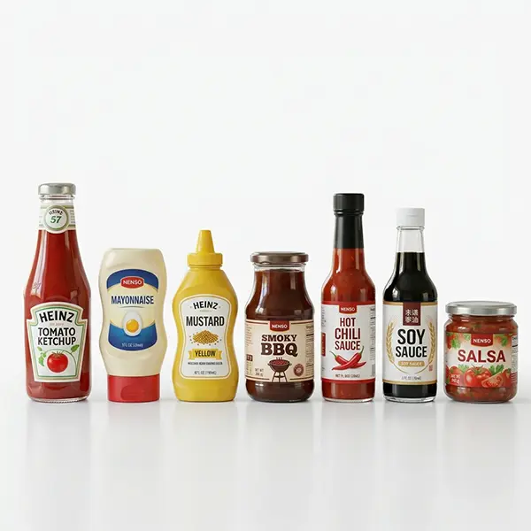 Premium waterproof bottle labels for sauce, ketchup, beverages & food jars with vibrant digital printing and strong adhesive.