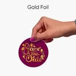 Luxury gold foil warranty labels with premium metallic finish for branding, authentication & product security.
