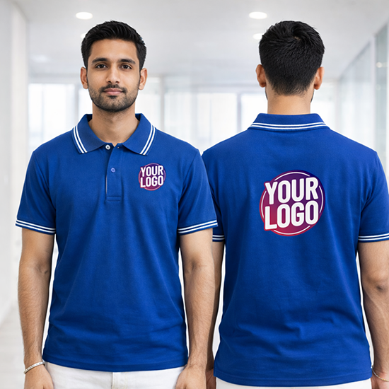 Blue Striped Customized Half Sleeve Men's Cotton Polo T Shirts