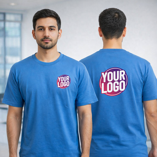 Blue Customized Half Sleeve Men's Cotton Round Neck T Shirts
