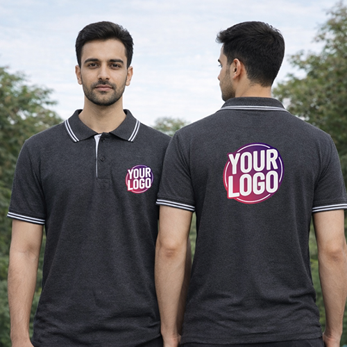 Dark Grey Striped Customized Half Sleeve Men's Cotton Polo T Shirts
