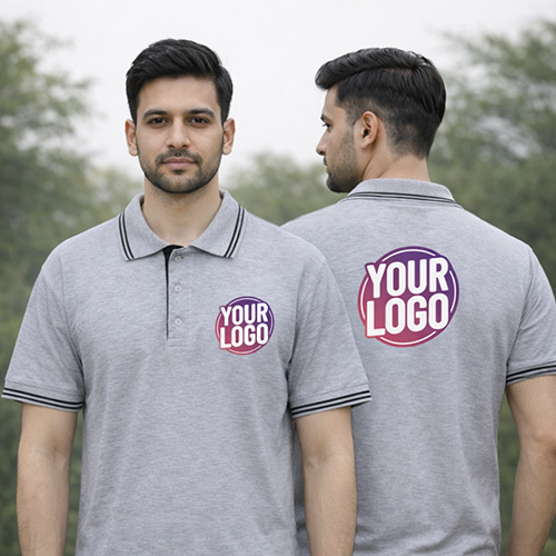 Grey Striped Customized Half Sleeve Men's Cotton Polo T Shirts