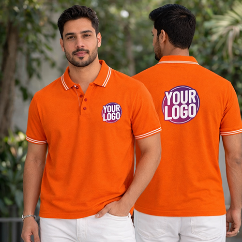 Orange Striped Customized Half Sleeve Men's Cotton Polo T Shirts