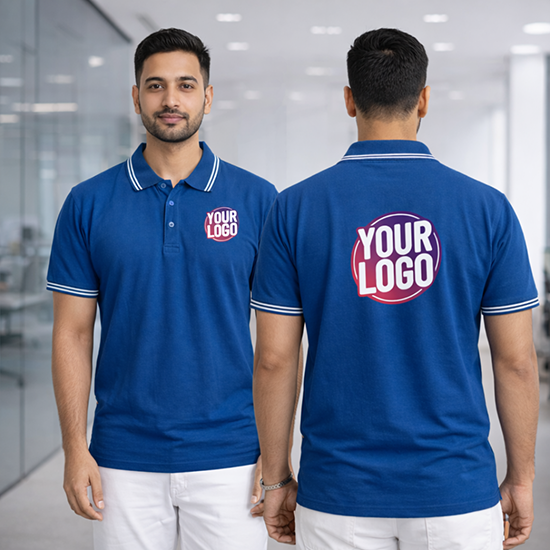 Royal Blue Striped Customized Half Sleeve Men's Cotton Polo T Shirts