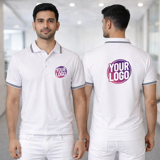 White Striped Customized Half Sleeve Men's Cotton Polo T Shirts