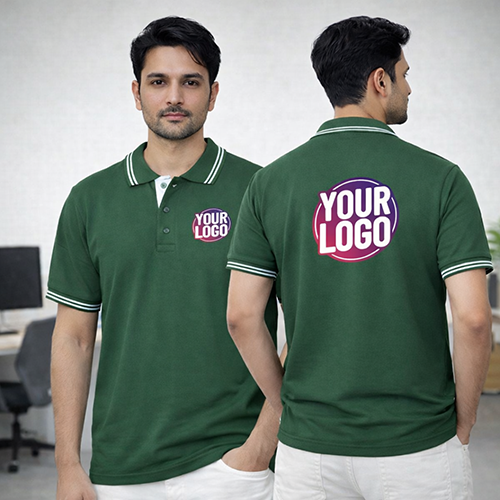 Dark Green Striped Customized Half Sleeve Men's Cotton Polo T Shirts 3