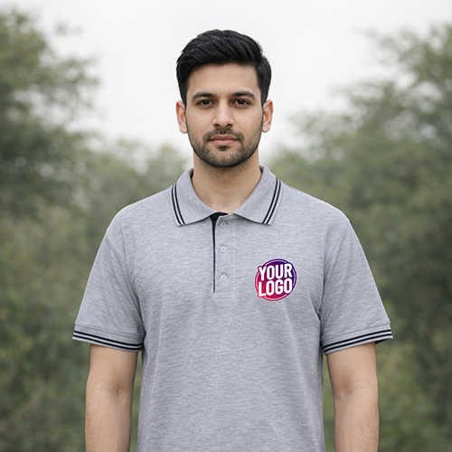 Grey Striped Customized Half Sleeve Men's Cotton Polo T Shirts 1