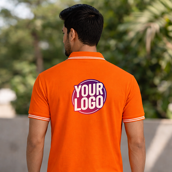 Orange Striped Customized Half Sleeve Men's Cotton Polo T Shirts 2