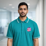 Peacock Green Striped Customized Half Sleeve Men's Cotton Polo T Shirts 1