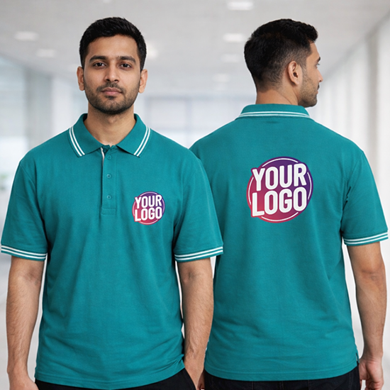 Peacock Green Striped Customized Half Sleeve Men's Cotton Polo T Shirts 3