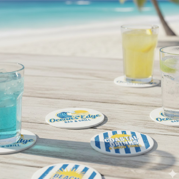 Custom branded coasters on café table