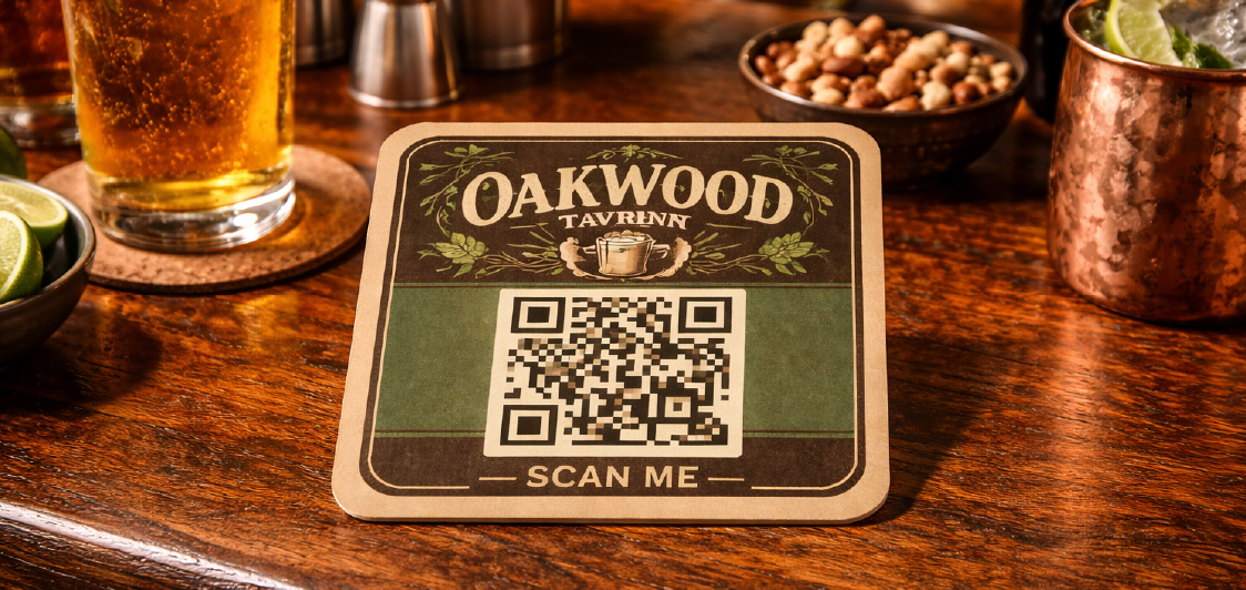 Printed coaster with QR code and social media handles