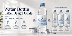 Water bottle label design guide showing size measurement and label materials