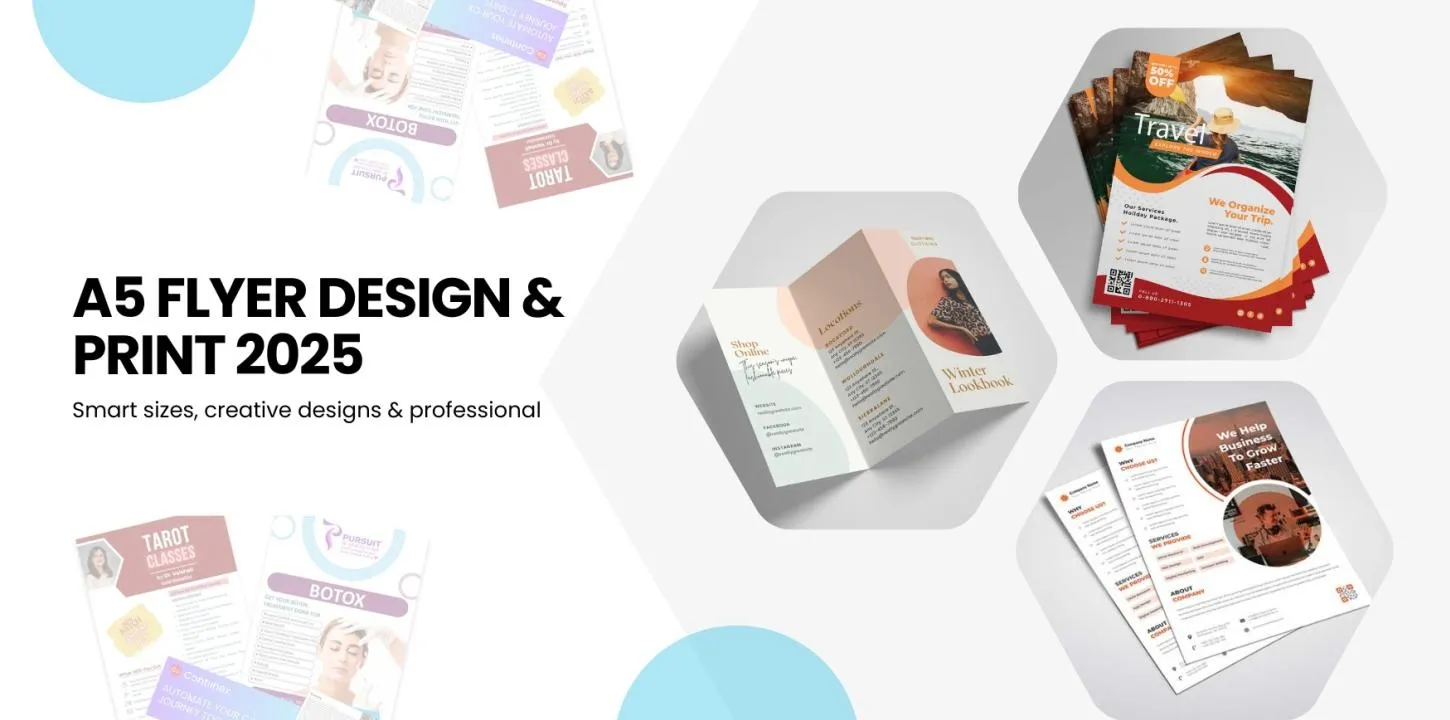 A5 flyer size guide with dimensions, design layout and printing examples