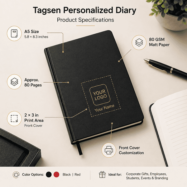A5 personalized diary with logo printing, 80 GSM paper and front cover customization