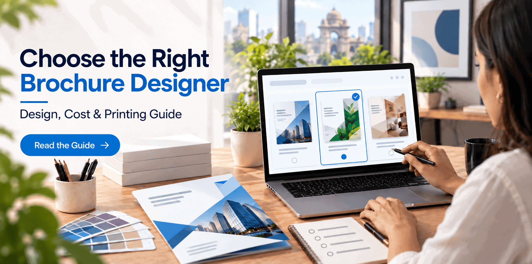 Brochure designer comparing brochure layouts online for business printing