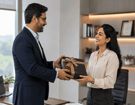 father and daughter holding gift