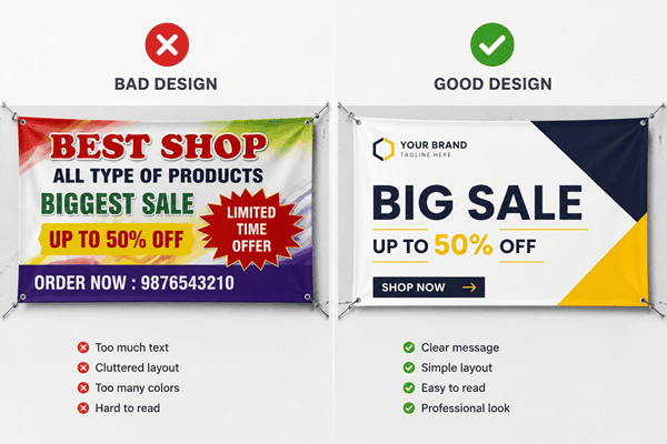 Good vs bad flex printing banner design for shop advertising