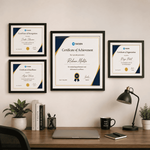 A4 certificate frames displayed on office wall for company achievements