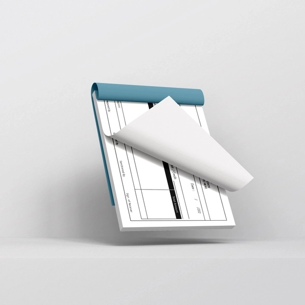 Angled custom cash voucher book mockup with curled page and blue binding