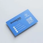 Blue embossed foil business card with silver foil logo, QR code and contact details