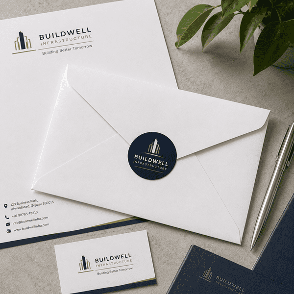 Business envelope with custom logo seal sticker and branded stationery