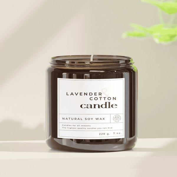 Custom candle label on brown glass jar for lavender and cotton scented candle