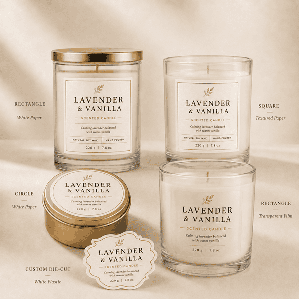 Custom candle labels in different shapes and materials