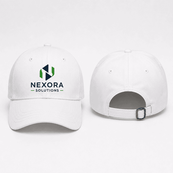 Custom logo cap showing front printing and adjustable back strap