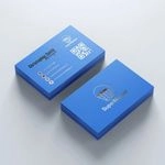 Front and back blue embossed foil business cards with silver foil logo and QR code