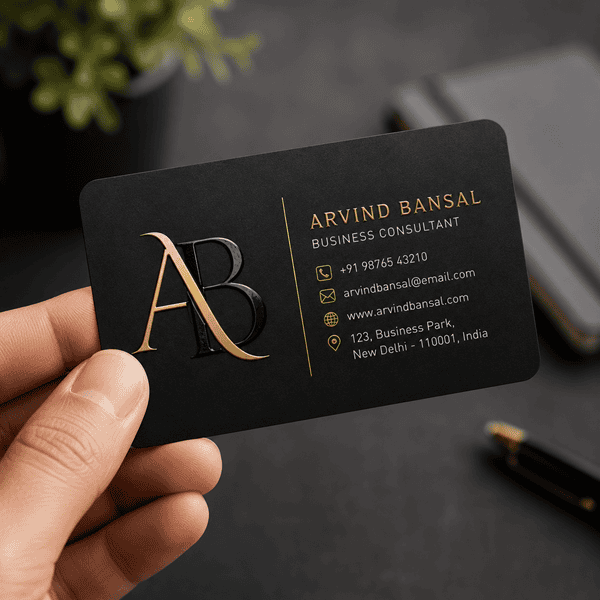 Hand holding Spot UV visiting card with raised glossy logo