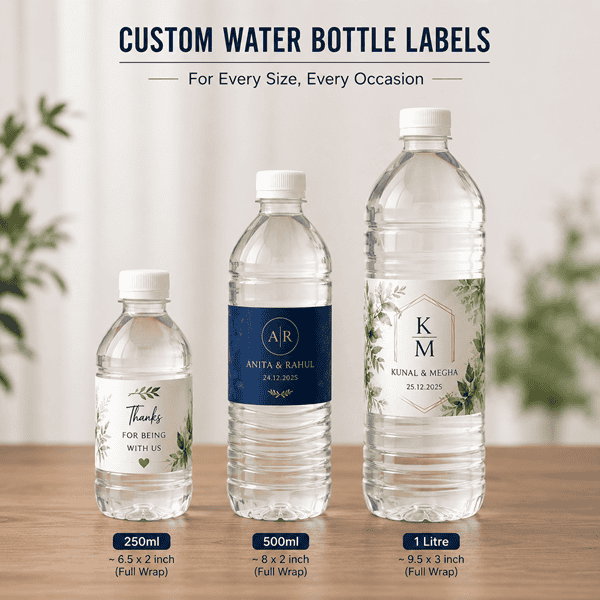 Personalised wedding water bottle labels with custom names and design