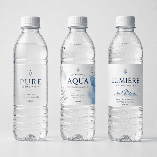Transparent, white paper and white plastic water bottle label options