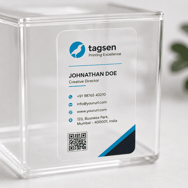 Transparent visiting card sticker mockup on clear packaging surface