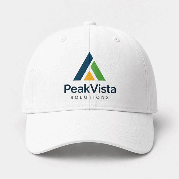 White customized cap with company logo printed on front panel