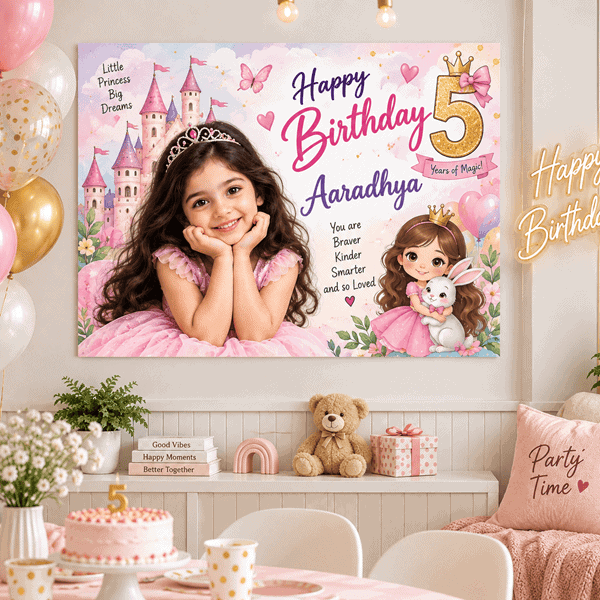 Personalized birthday poster with photo and name on party wall