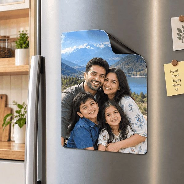 Custom photo magnet with family picture displayed on a refrigerator